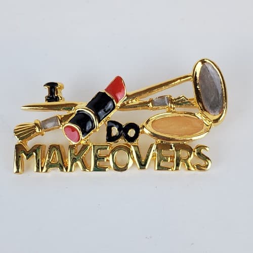 Gold Tone Metal Black Red Enamel I DO MAKEOVERS Cosmetology Brooch Pin