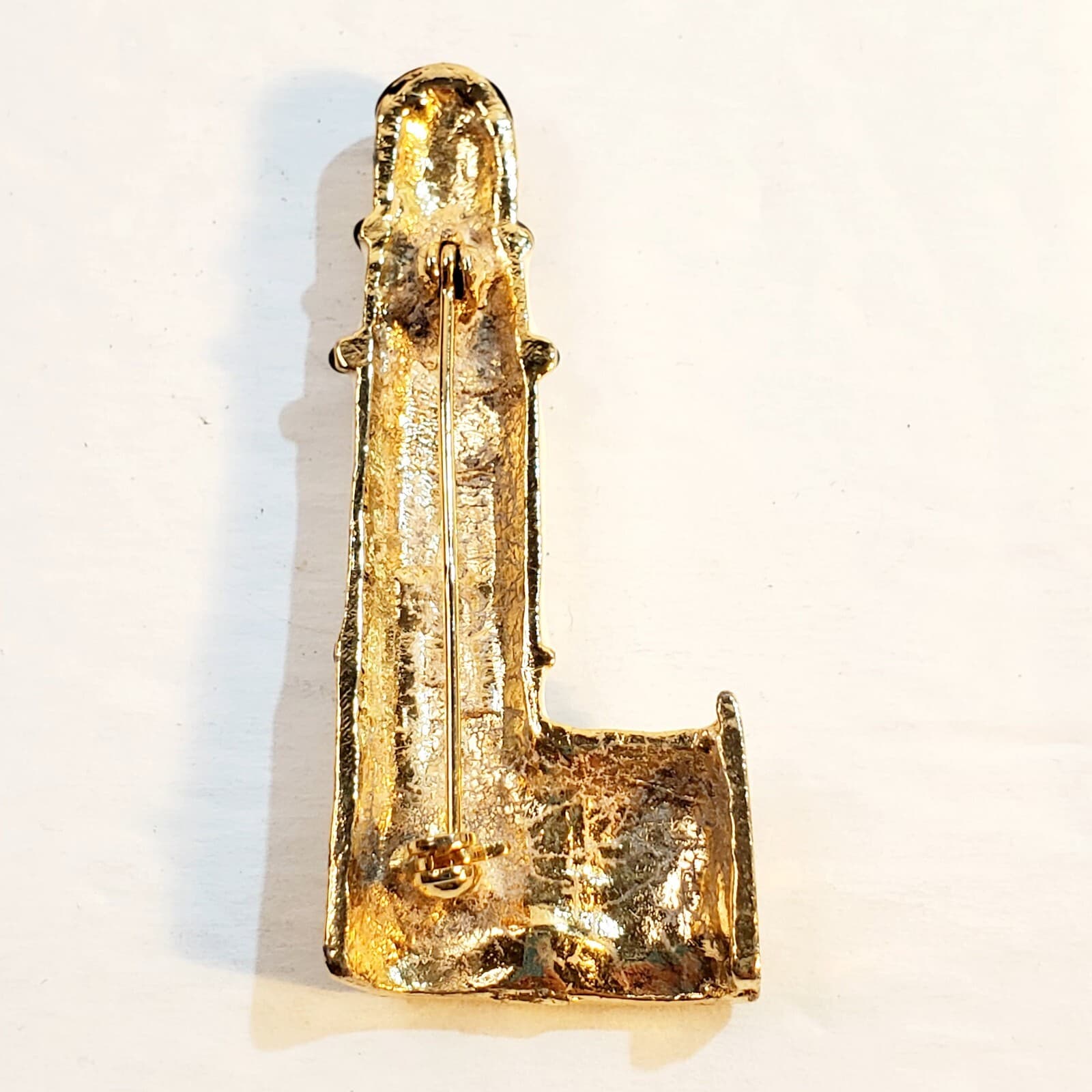 Vintage Gold Tone Cream Black Enamel Lighthouse Brooch Pin Costal Nautical - Thumbnail 2