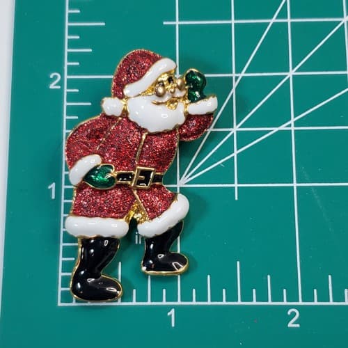 Gold Tone Metal Black White Green Red Sparkle Enamel Santa Christmas Brooch Pin - Thumbnail 3