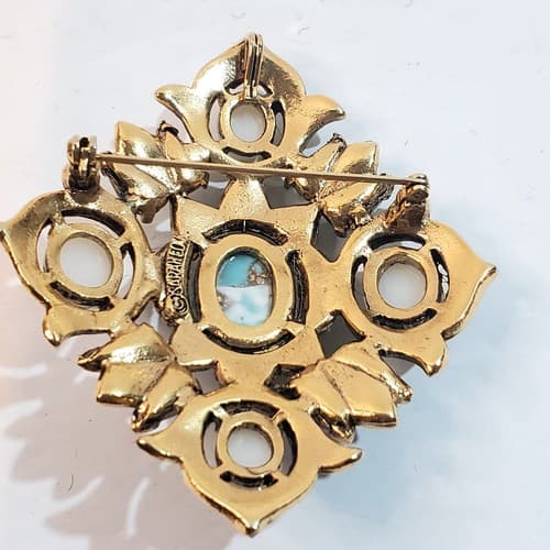 Vtg Sarah Coventry Gold Tone Faux Turquoise Pearl Cabochons Brooch Pin Pendant - Thumbnail 2