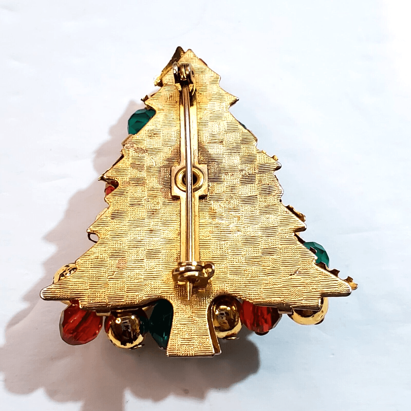 Vintage MCM Gold Tone Metal Red Gold Green Beaded Christmas Tree Brooch Pin - Thumbnail 2