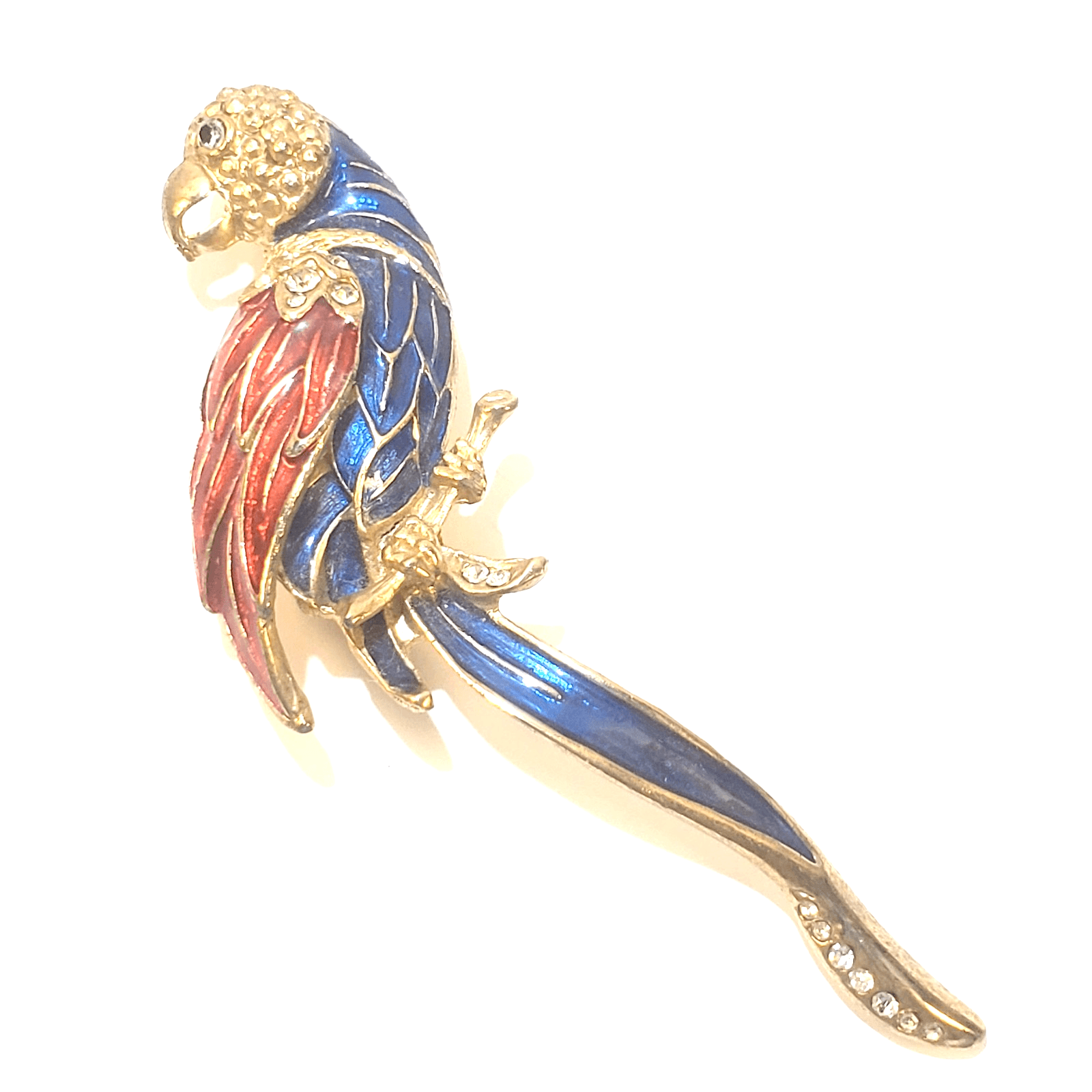 Vintage Large Gold Tone Red Blue Enamel Clear Rhinestones Parrot Bird Brooch Pin