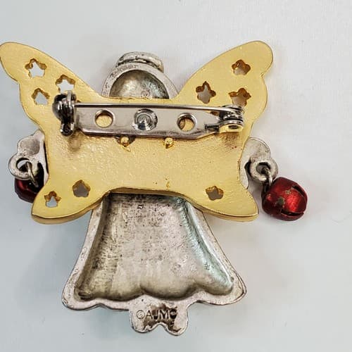 Vintage AJMC Two Tone Joy Pewter Gold Tone Angel Jingle Bells Pin Brooch - Thumbnail 2