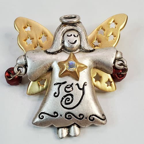 Vintage AJMC Two Tone Joy Pewter Gold Tone Angel Jingle Bells Pin Brooch