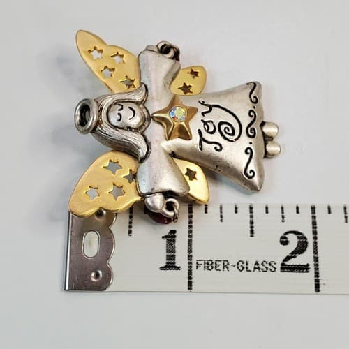 Vintage AJMC Two Tone Joy Pewter Gold Tone Angel Jingle Bells Pin Brooch - Thumbnail 4