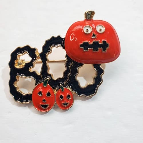 BOO Halloween Gold Tone Black Red/Orange Enamel Big Eyed Pumpkin Brooch Pin