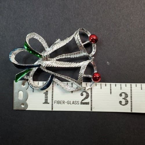 Vintage Signed Gerrys Silver Tone Green Red Enamel Christmas Bells Pin Brooch - Thumbnail 4