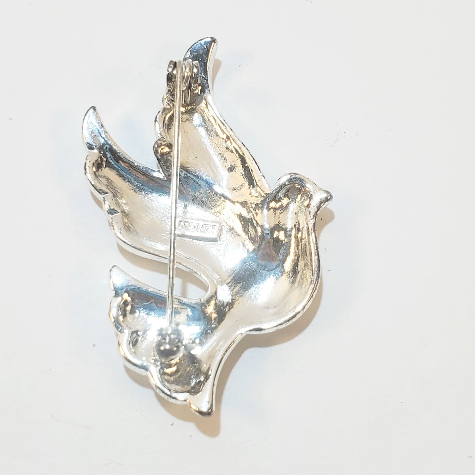 Vintage Signed Monet Silver Tone Clear Rhinestones Enamel Bird Dove Brooch Pin - Thumbnail 2