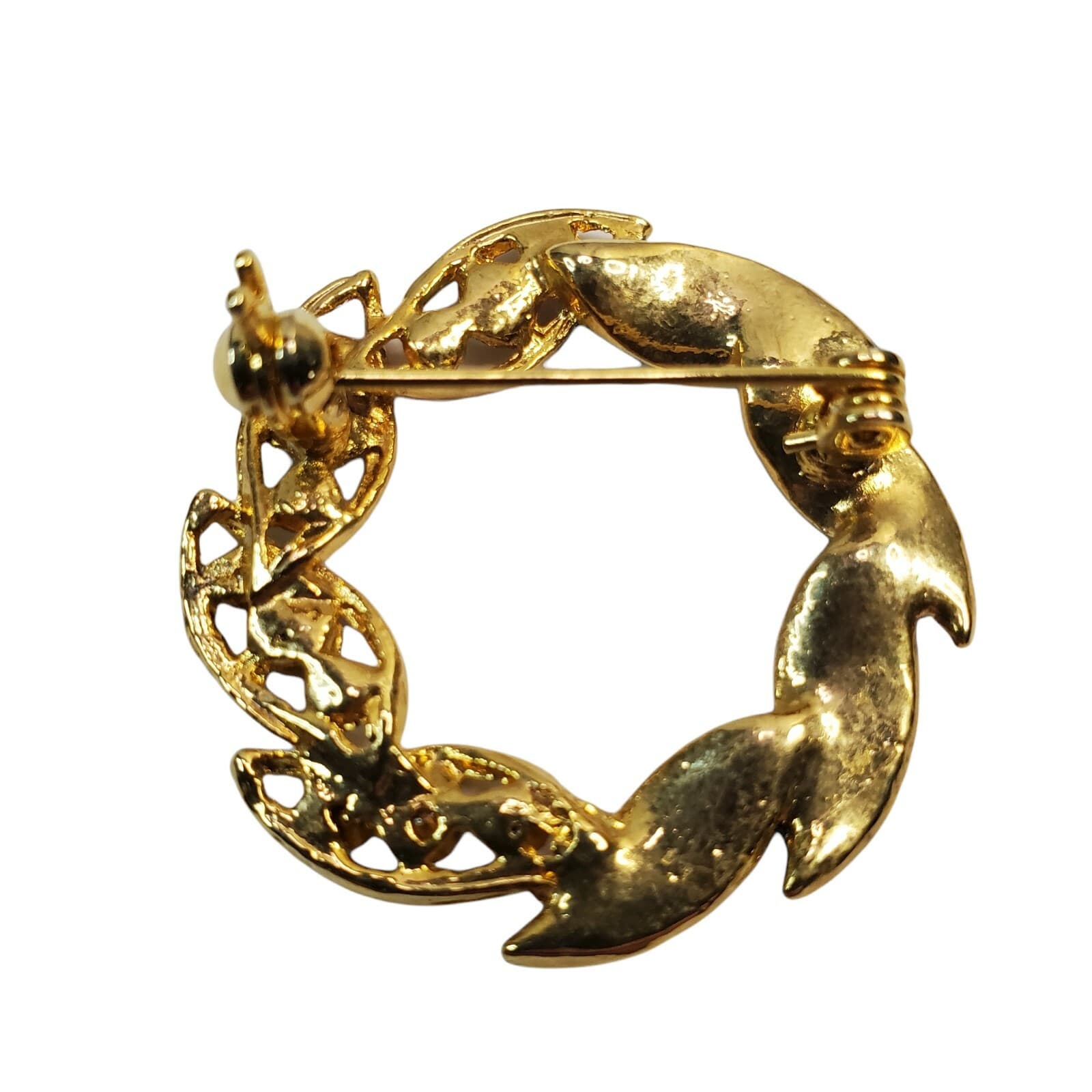 Vintage Unmarked Gold Tone Metal Enamel Clear Rhinestones Wreath Brooch Pin - Thumbnail 2