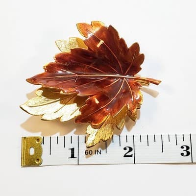 Large Gold Tone Metal Burnt Orange Enamel Double Maple Leaf Brooch Pin Fall - Thumbnail 3
