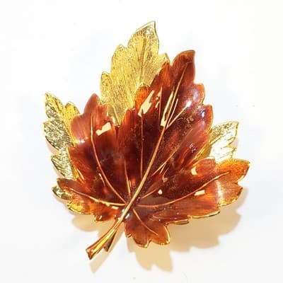 Large Gold Tone Metal Burnt Orange Enamel Double Maple Leaf Brooch Pin Fall