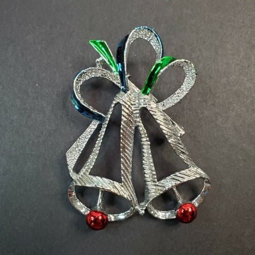 Vintage Signed Gerrys Silver Tone Green Red Enamel Christmas Bells Pin Brooch