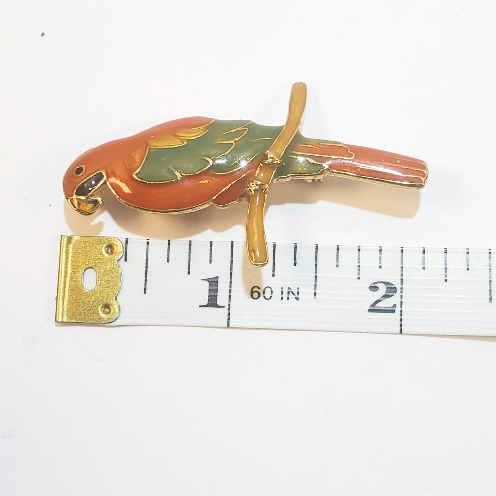 Vintage Gold Tone Metal Multi-Color Enamel Parrot Bird On A Perch Brooch Pin - Thumbnail 3