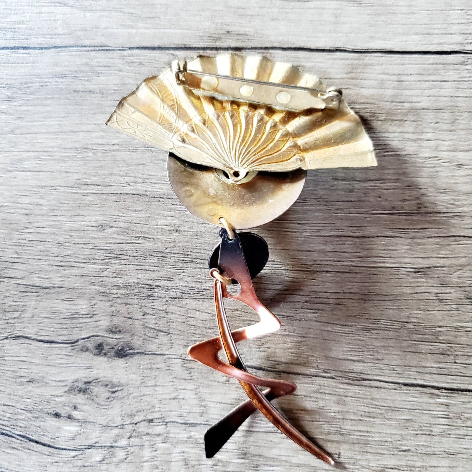 Vintage Modernist Mixed Metals Sunburst Fan Dangle Geometric Brooch Pin - Thumbnail 3