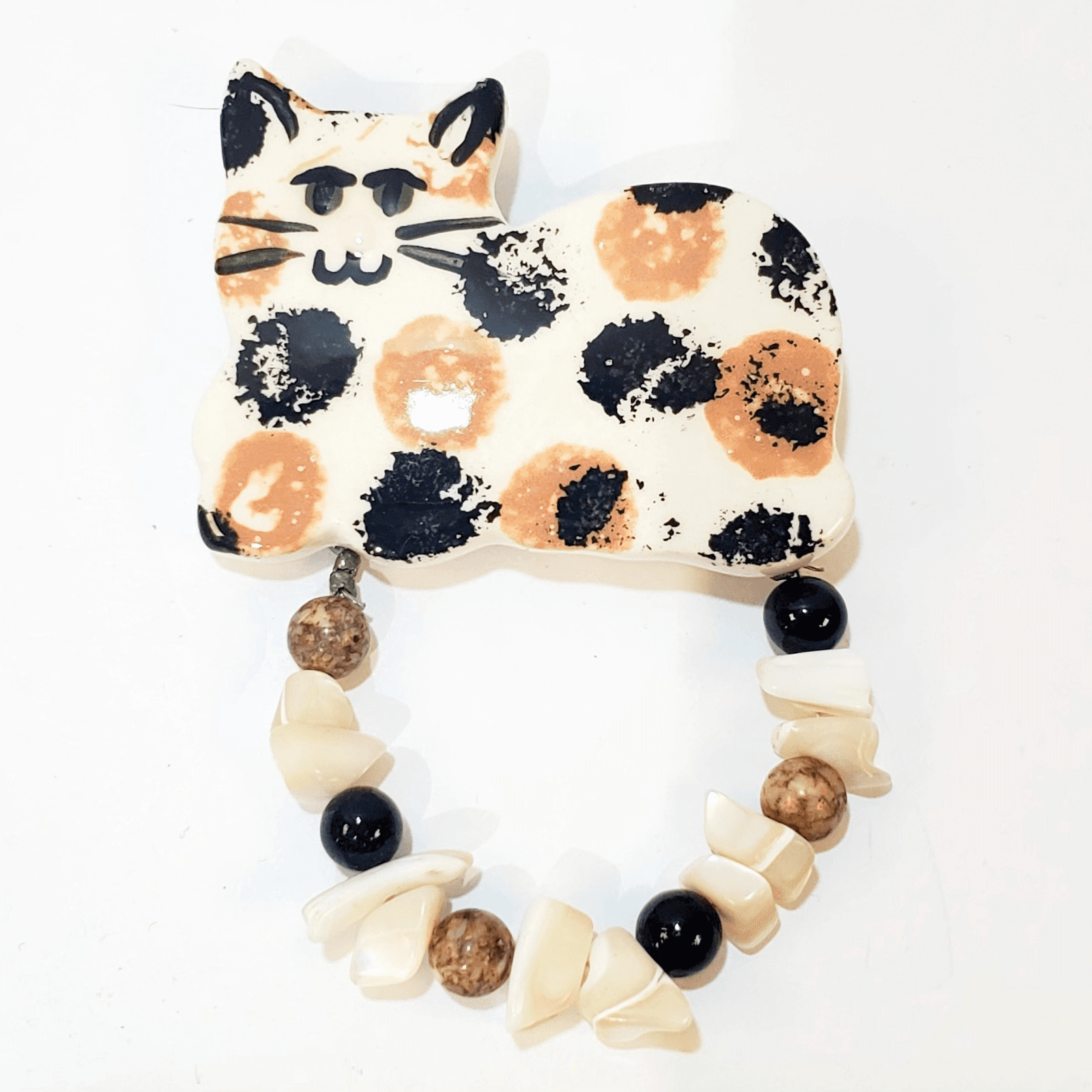 Vintage Ceramic Stone Splatter Paint Spotted Calico Cat Brooch Pin