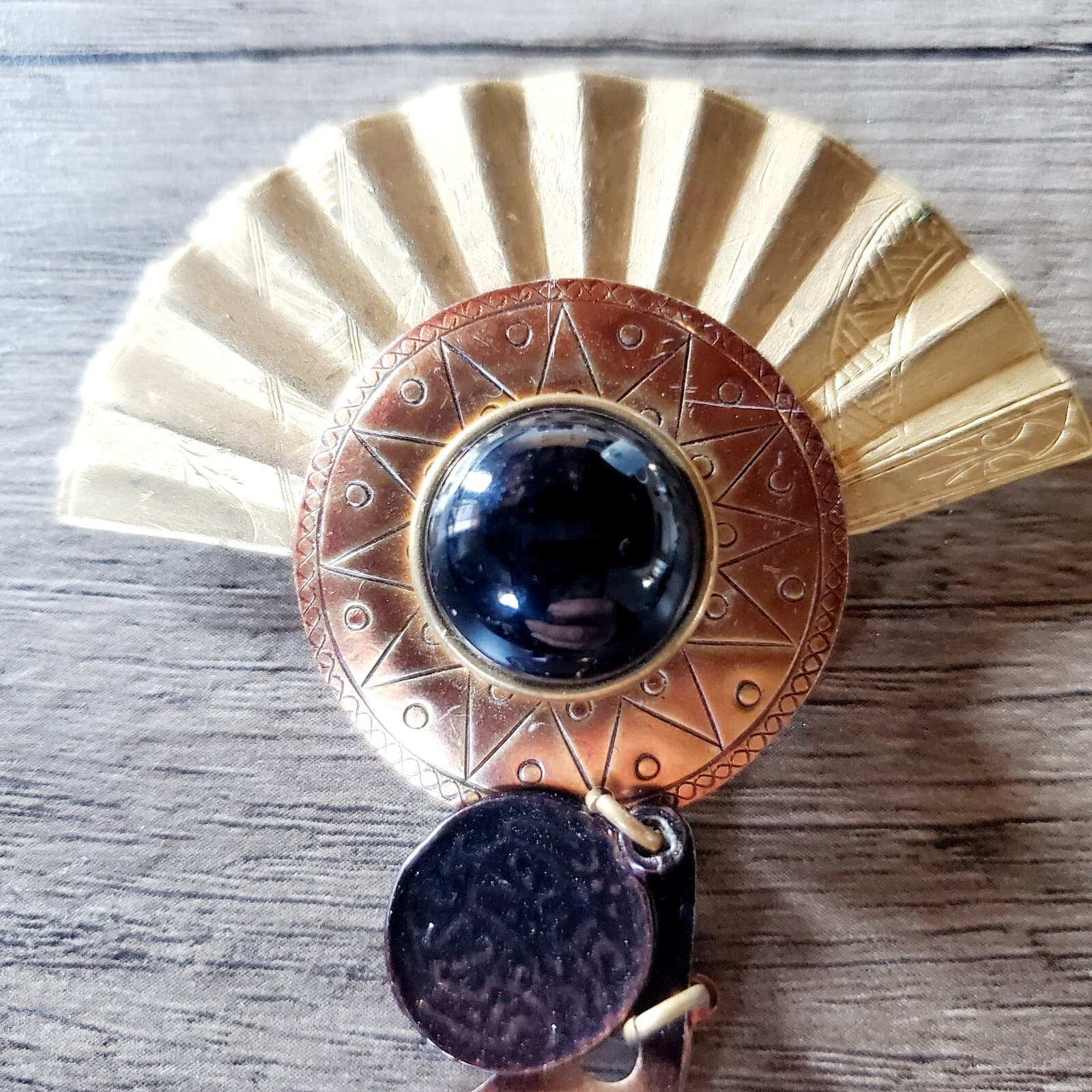 Vintage Modernist Mixed Metals Sunburst Fan Dangle Geometric Brooch Pin - Thumbnail 2