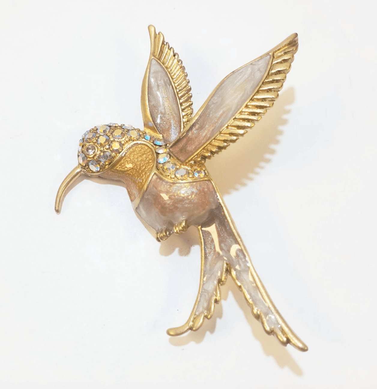 Vintage Gold Tone Metal Enamel Clear Rhinestone Hummingbird Brooch Pin