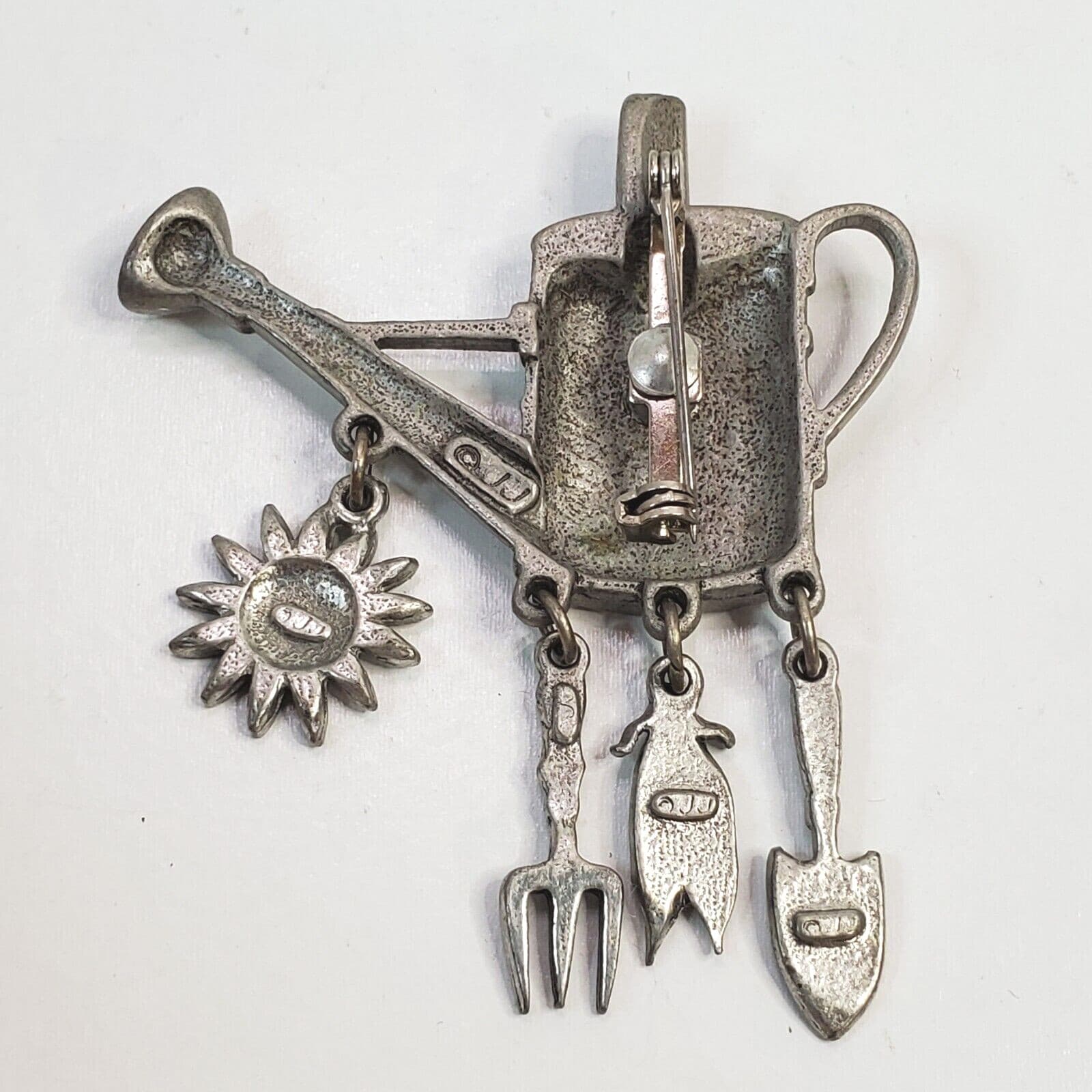 Vintage Signed JJ Pewter Tone Watering Can with Tools Garden Brooch Pin - Thumbnail 2