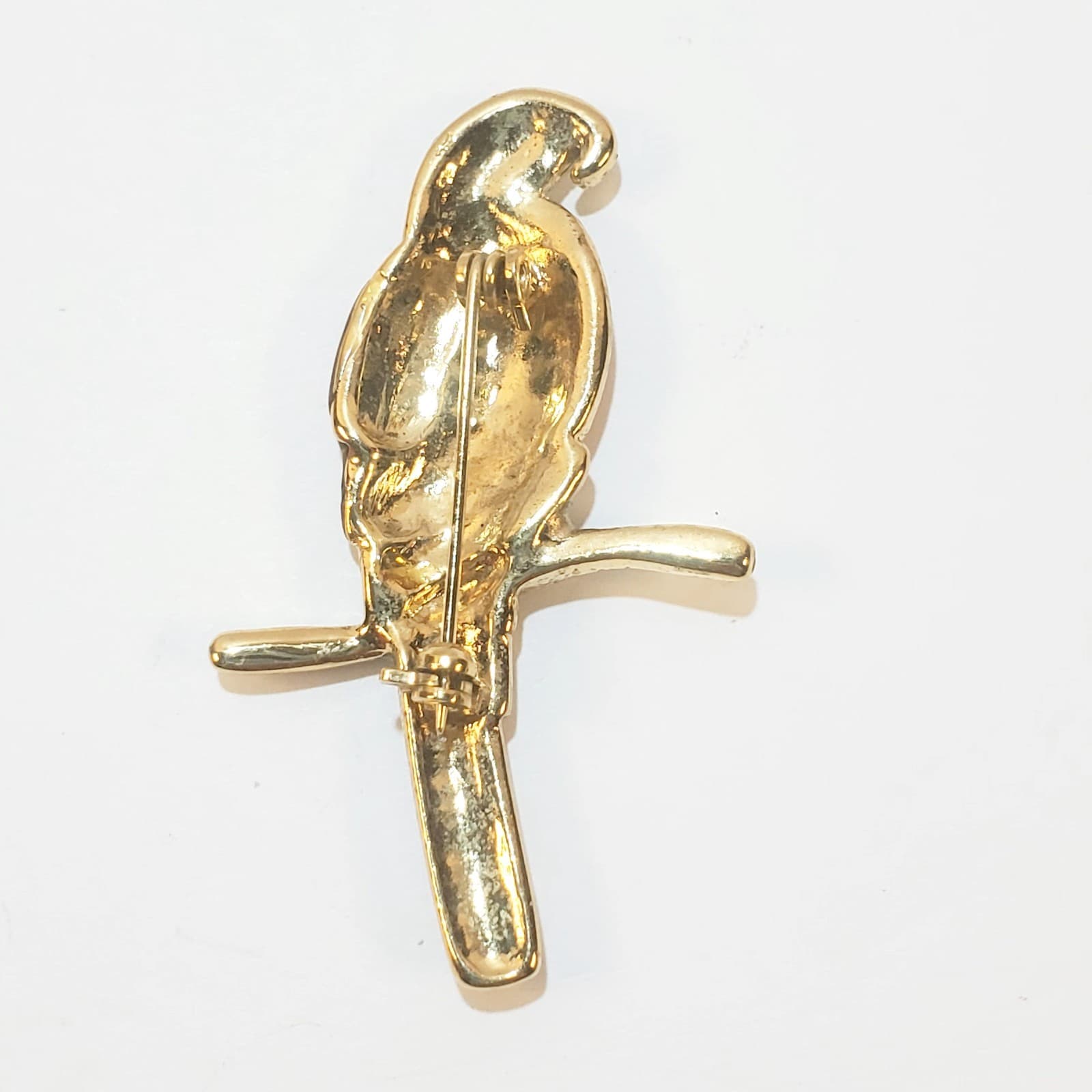 Vintage Gold Tone Metal Multi-Color Enamel Parrot Bird On A Perch Brooch Pin - Thumbnail 2