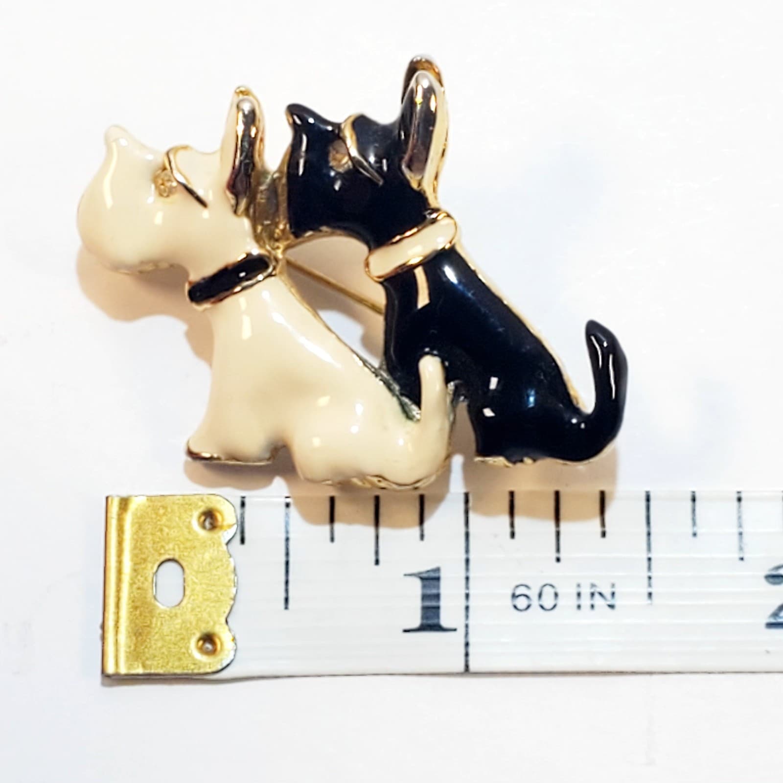 Vtg Gold Tone White Black Enamel Double Scottie Dogs Scottish Terrier Brooch Pin - Thumbnail 4