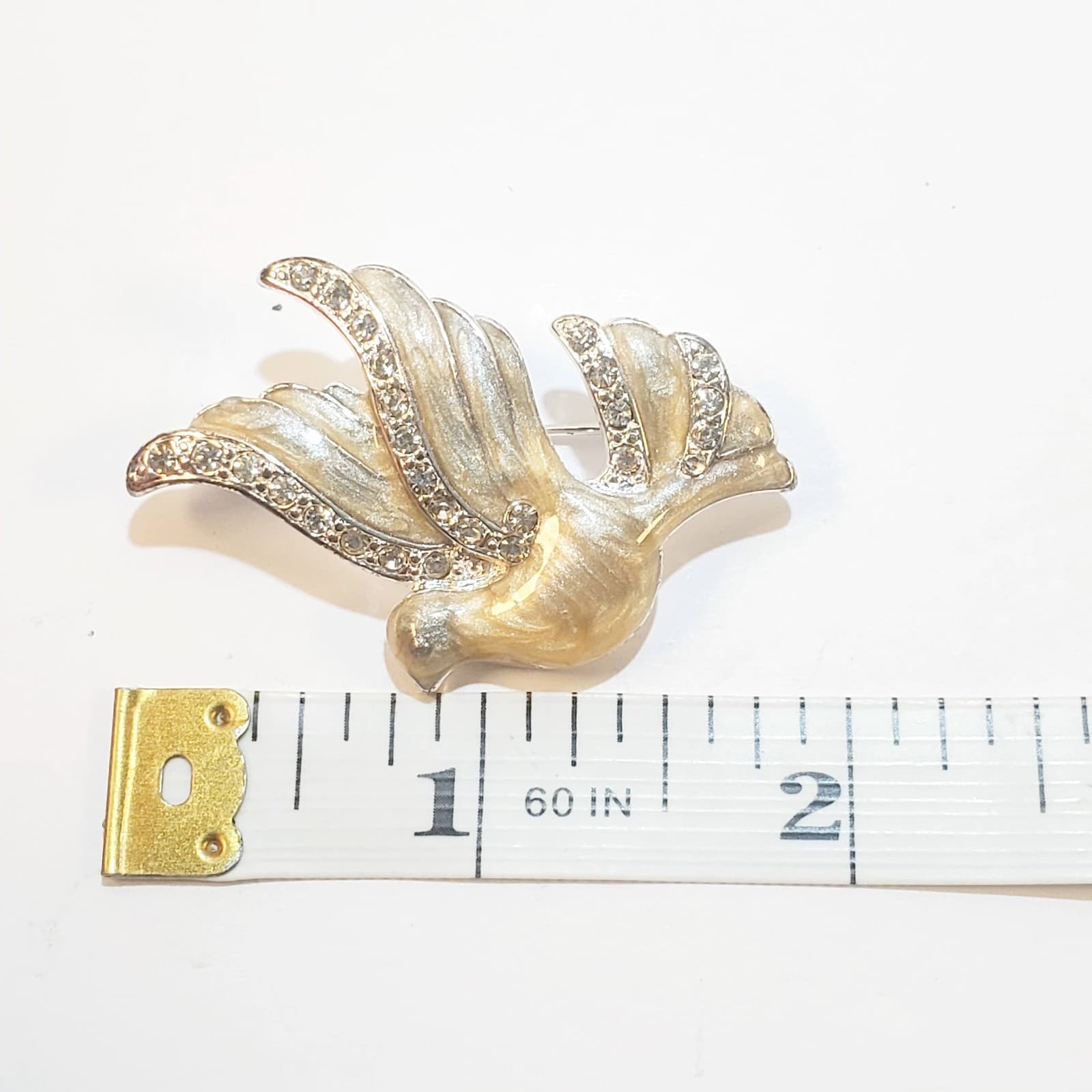 Vintage Signed Monet Silver Tone Clear Rhinestones Enamel Bird Dove Brooch Pin - Thumbnail 4