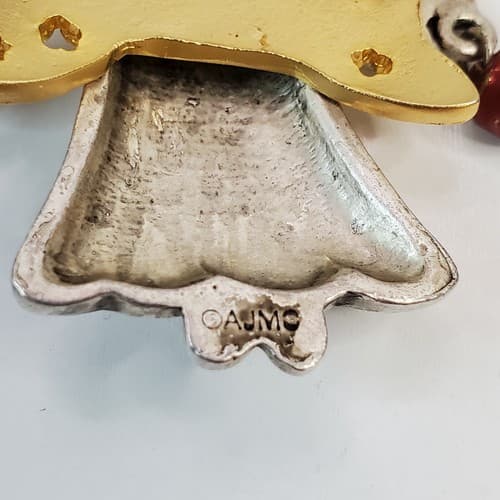 Vintage AJMC Two Tone Joy Pewter Gold Tone Angel Jingle Bells Pin Brooch - Thumbnail 3