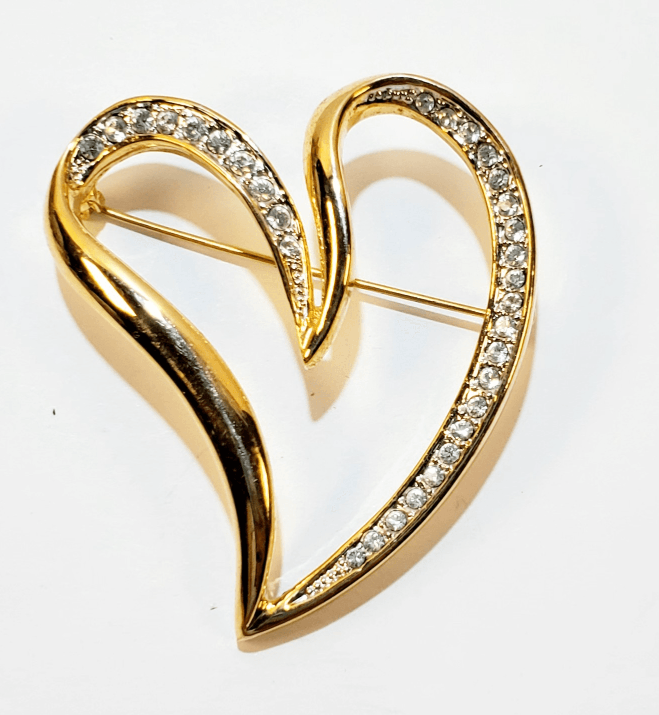 Gold Tone Metal Clear Rhinestones Large Curved Open Heart Brooch Pin