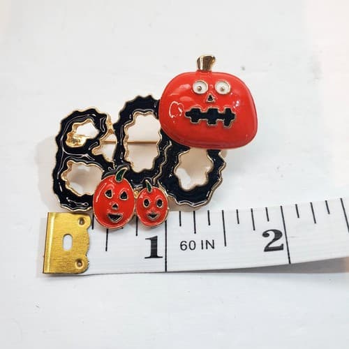 BOO Halloween Gold Tone Black Red/Orange Enamel Big Eyed Pumpkin Brooch Pin - Thumbnail 3