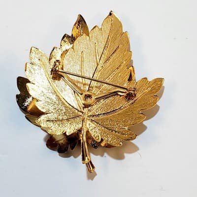 Large Gold Tone Metal Burnt Orange Enamel Double Maple Leaf Brooch Pin Fall - Thumbnail 2