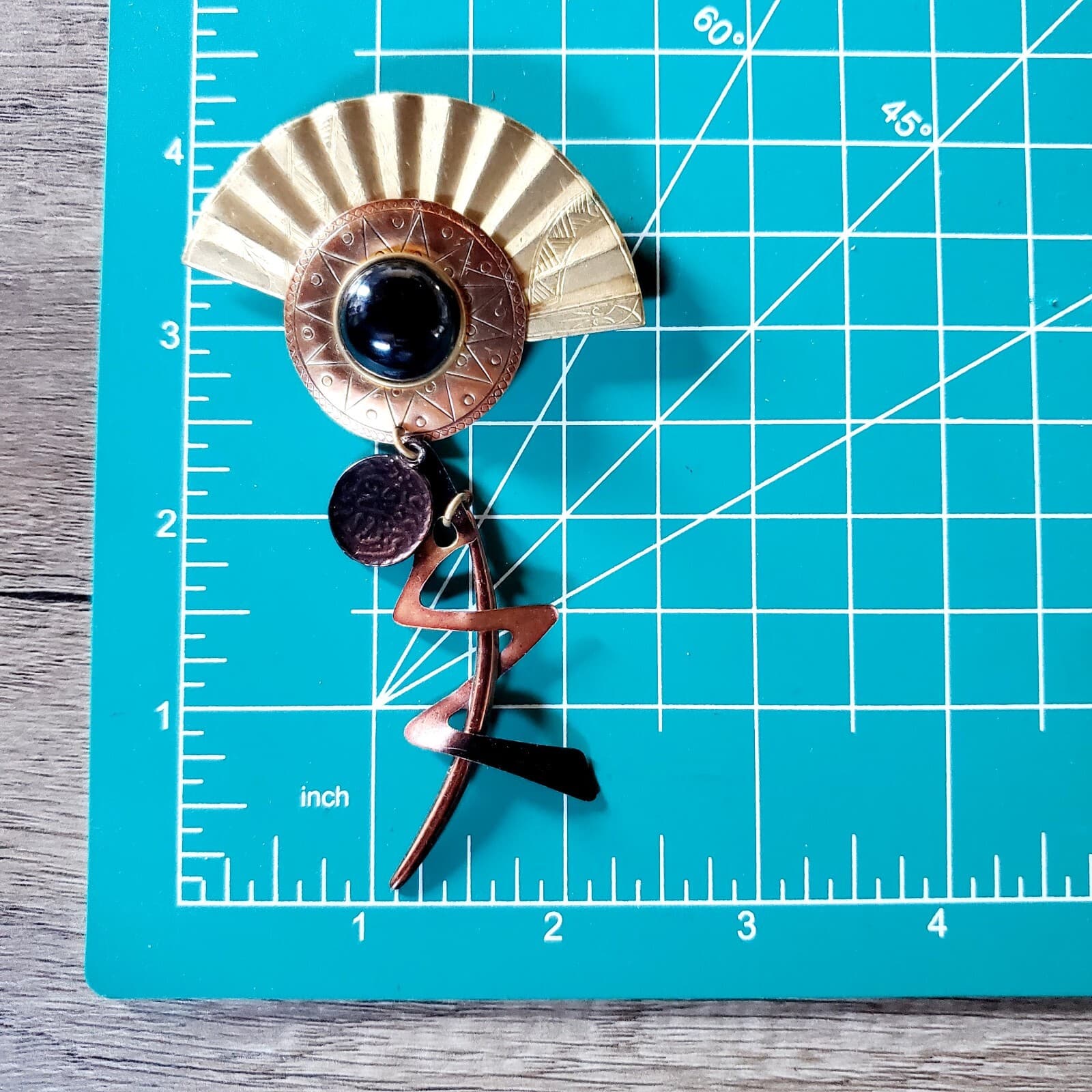 Vintage Modernist Mixed Metals Sunburst Fan Dangle Geometric Brooch Pin - Thumbnail 4