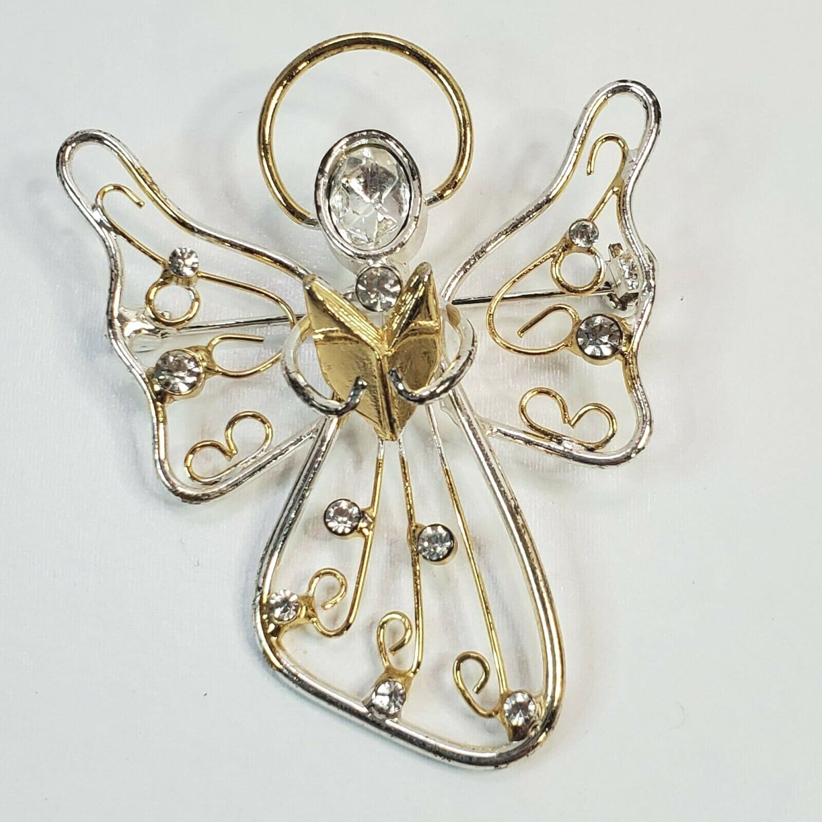 Gold & Silver-tone Rhinestone Filigree Open Work Wire Angel Choir Brooch Pin
