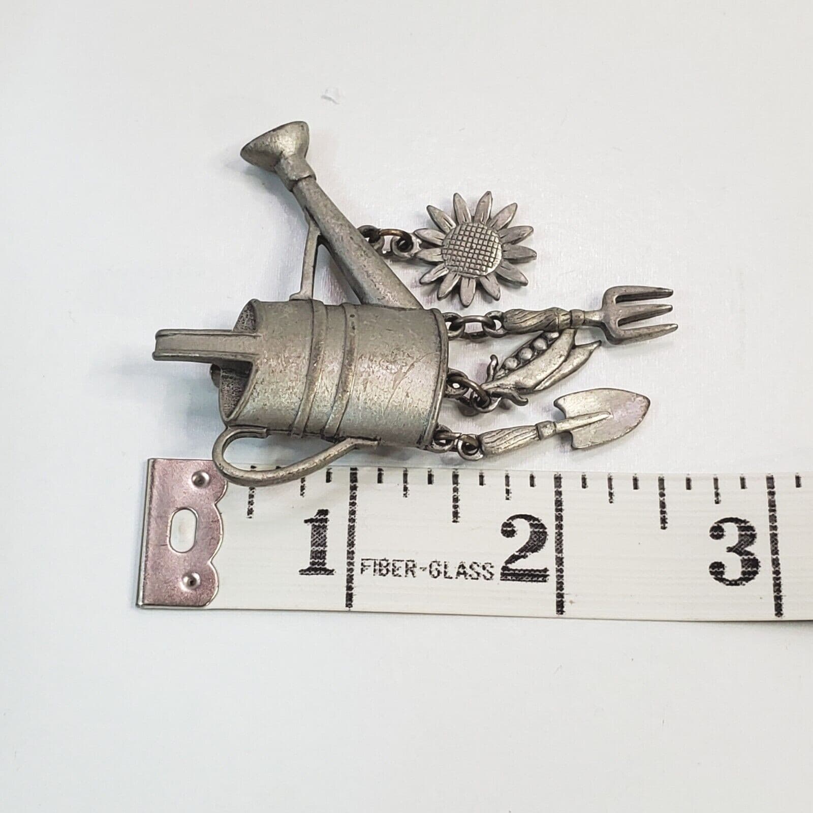 Vintage Signed JJ Pewter Tone Watering Can with Tools Garden Brooch Pin - Thumbnail 4