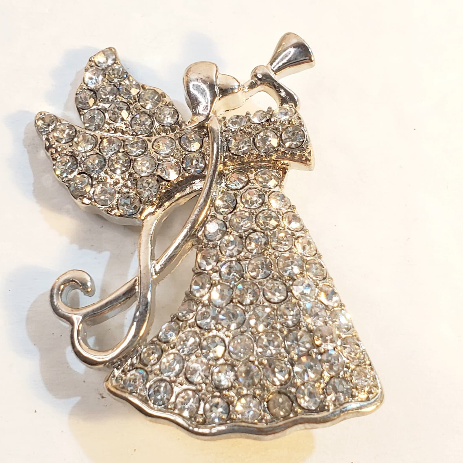 Vintage MONET Silver Tone Encrusted Rhinestones Angel Playing Horn Brooch Pin