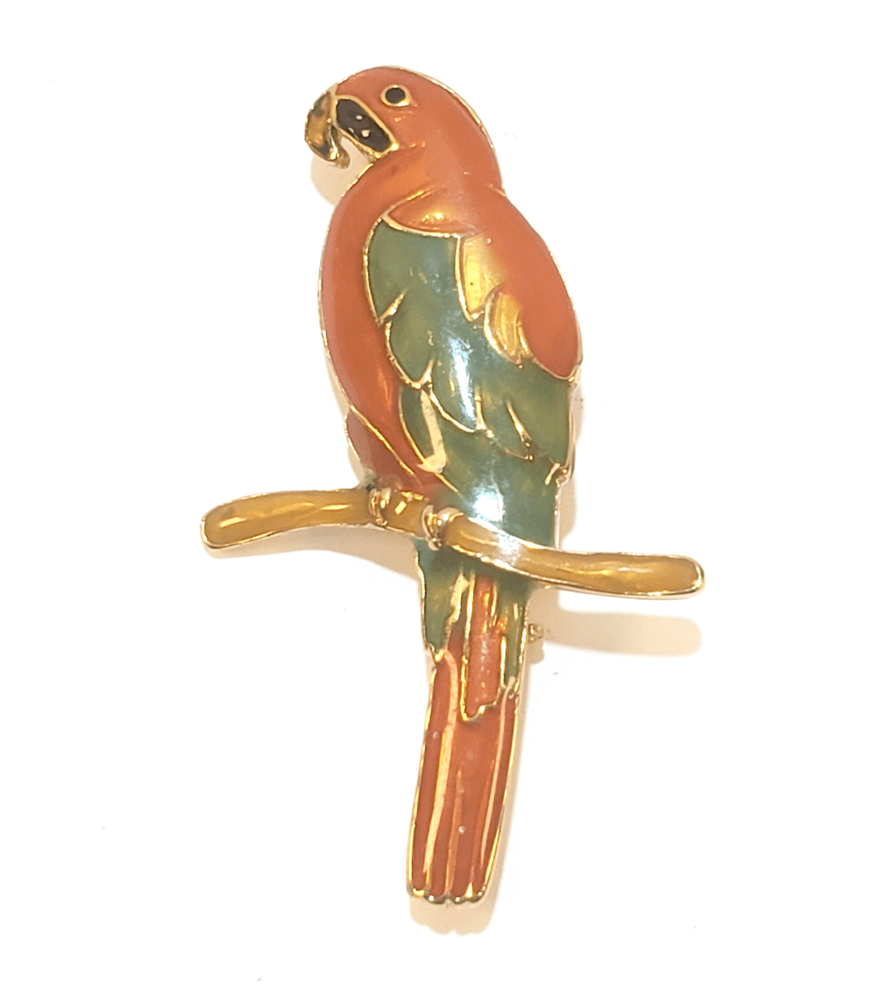 Vintage Gold Tone Metal Multi-Color Enamel Parrot Bird On A Perch Brooch Pin