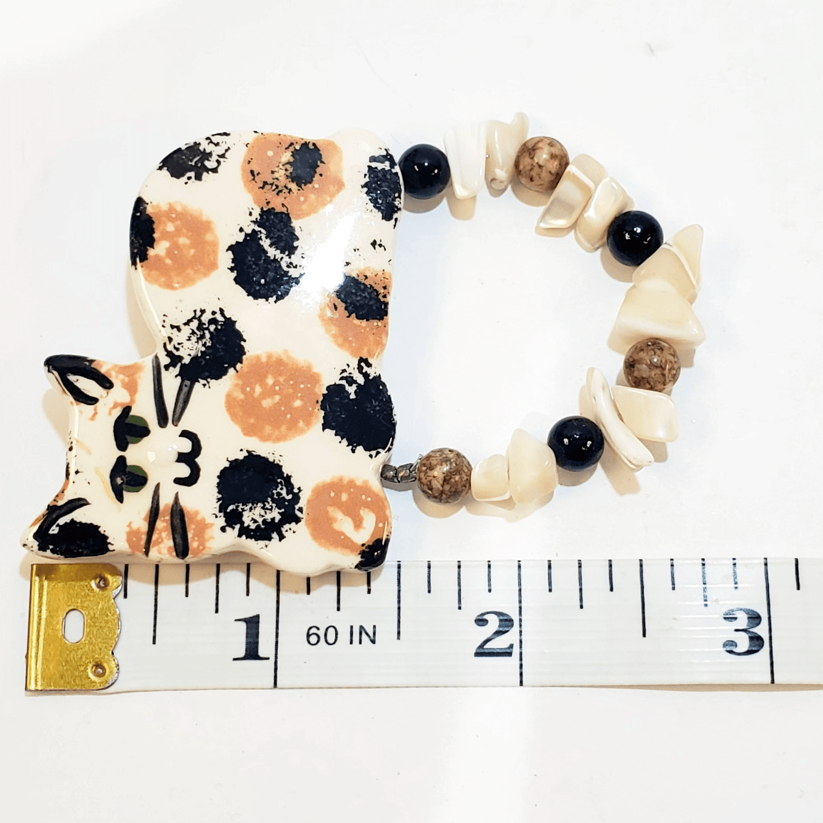 Vintage Ceramic Stone Splatter Paint Spotted Calico Cat Brooch Pin - Thumbnail 3