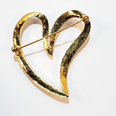 Gold Tone Metal Clear Rhinestones Large Curved Open Heart Brooch Pin - Thumbnail 2