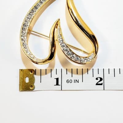 Gold Tone Metal Clear Rhinestones Large Curved Open Heart Brooch Pin - Thumbnail 4