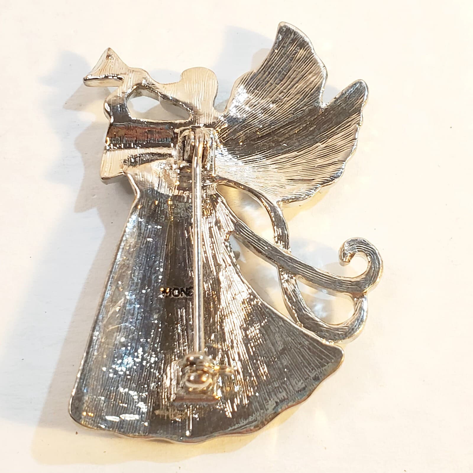 Vintage MONET Silver Tone Encrusted Rhinestones Angel Playing Horn Brooch Pin - Thumbnail 2