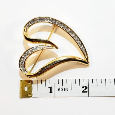 Gold Tone Metal Clear Rhinestones Large Curved Open Heart Brooch Pin - Thumbnail 3