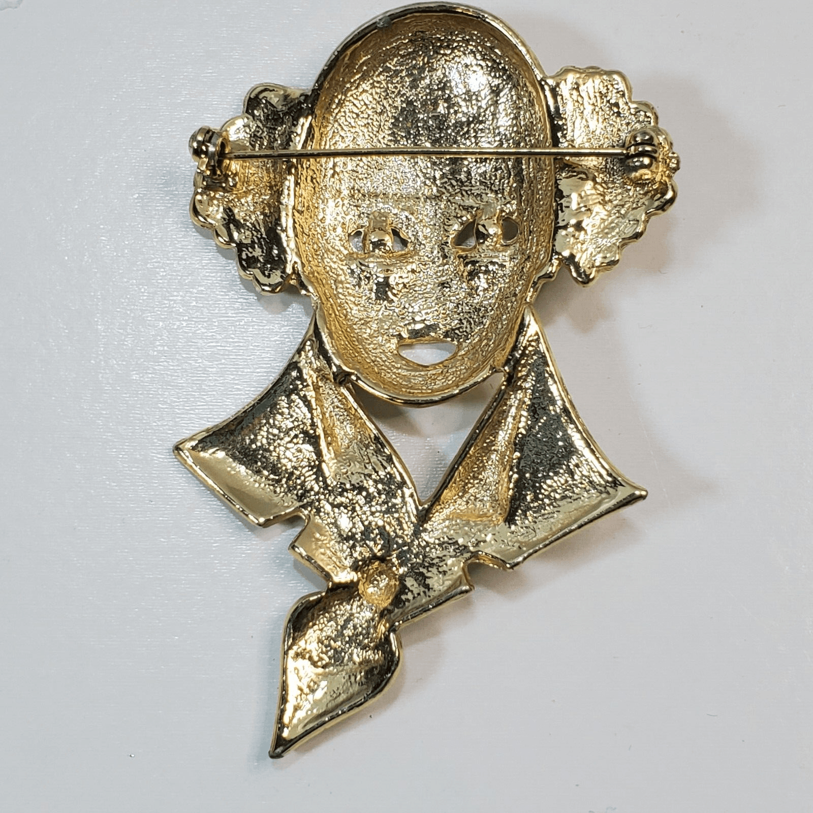 Gold Tone Brushed and Polished Metal Figural Clown Jester Mime Large Brooch Pin - Thumbnail 2