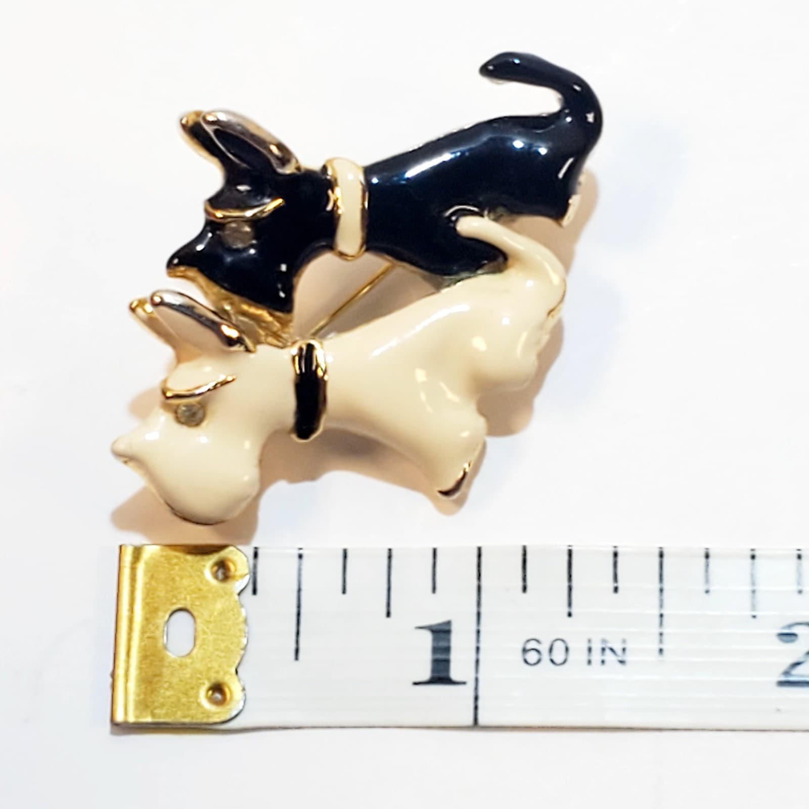 Vtg Gold Tone White Black Enamel Double Scottie Dogs Scottish Terrier Brooch Pin - Thumbnail 3