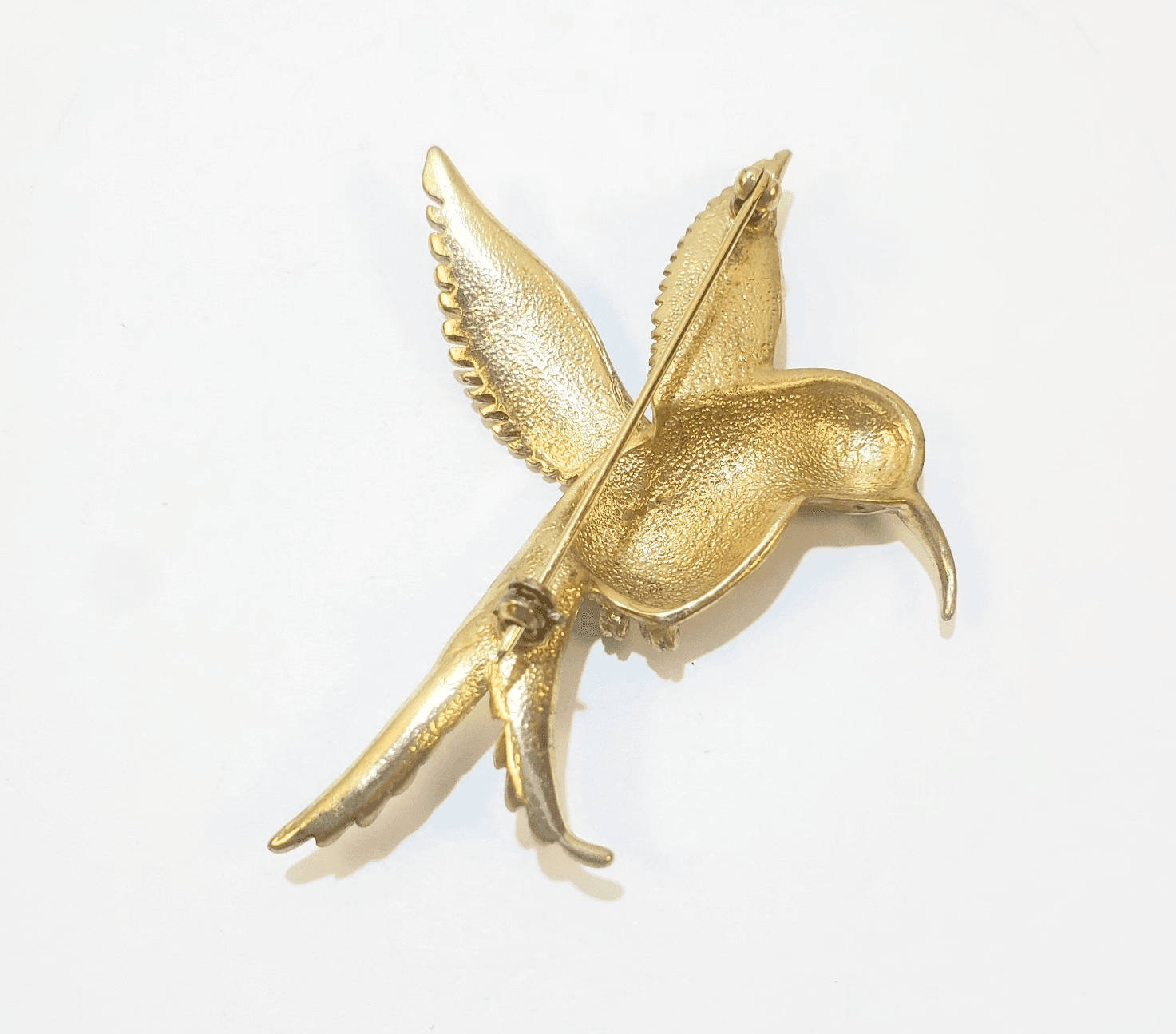 Vintage Gold Tone Metal Enamel Clear Rhinestone Hummingbird Brooch Pin - Thumbnail 2