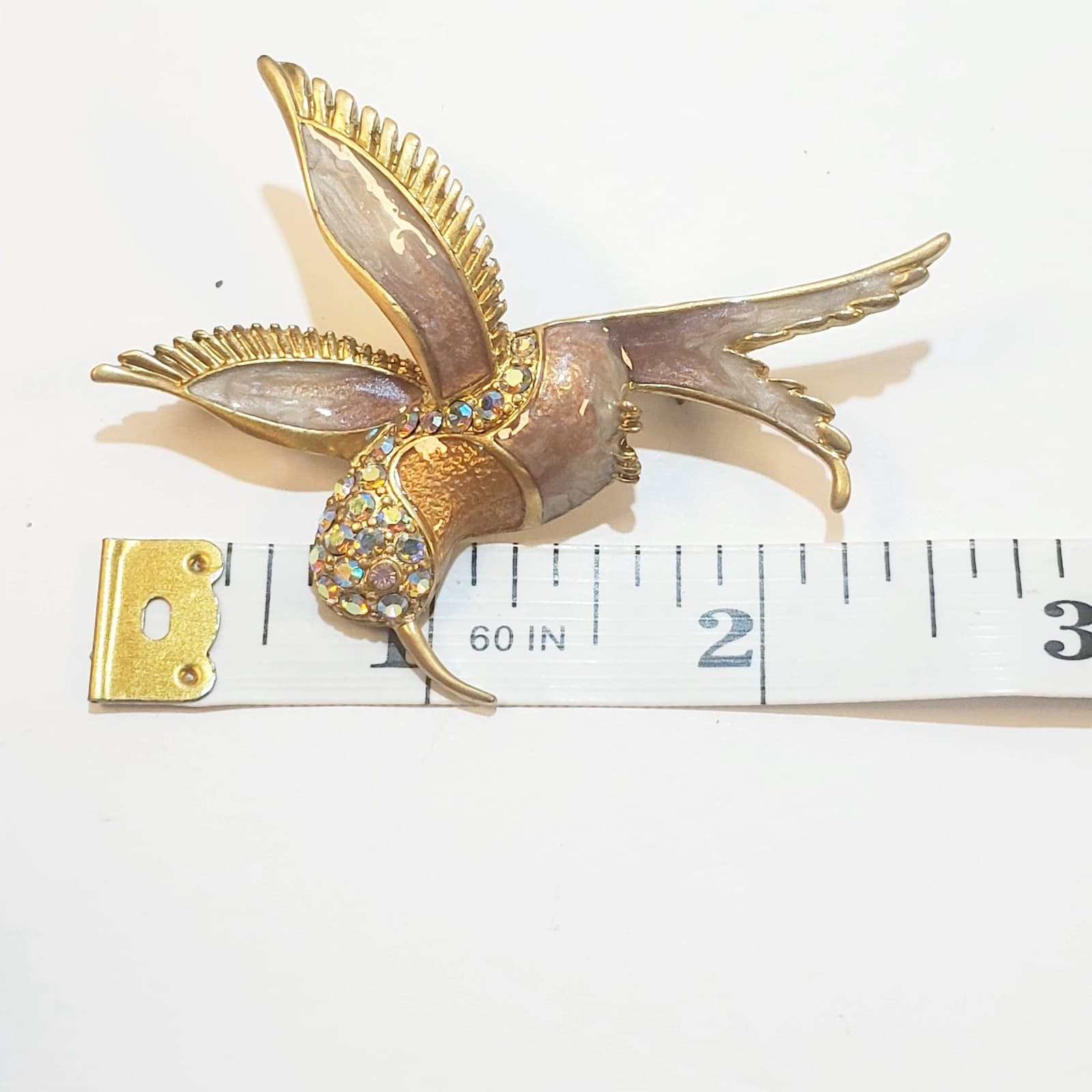 Vintage Gold Tone Metal Enamel Clear Rhinestone Hummingbird Brooch Pin - Thumbnail 3