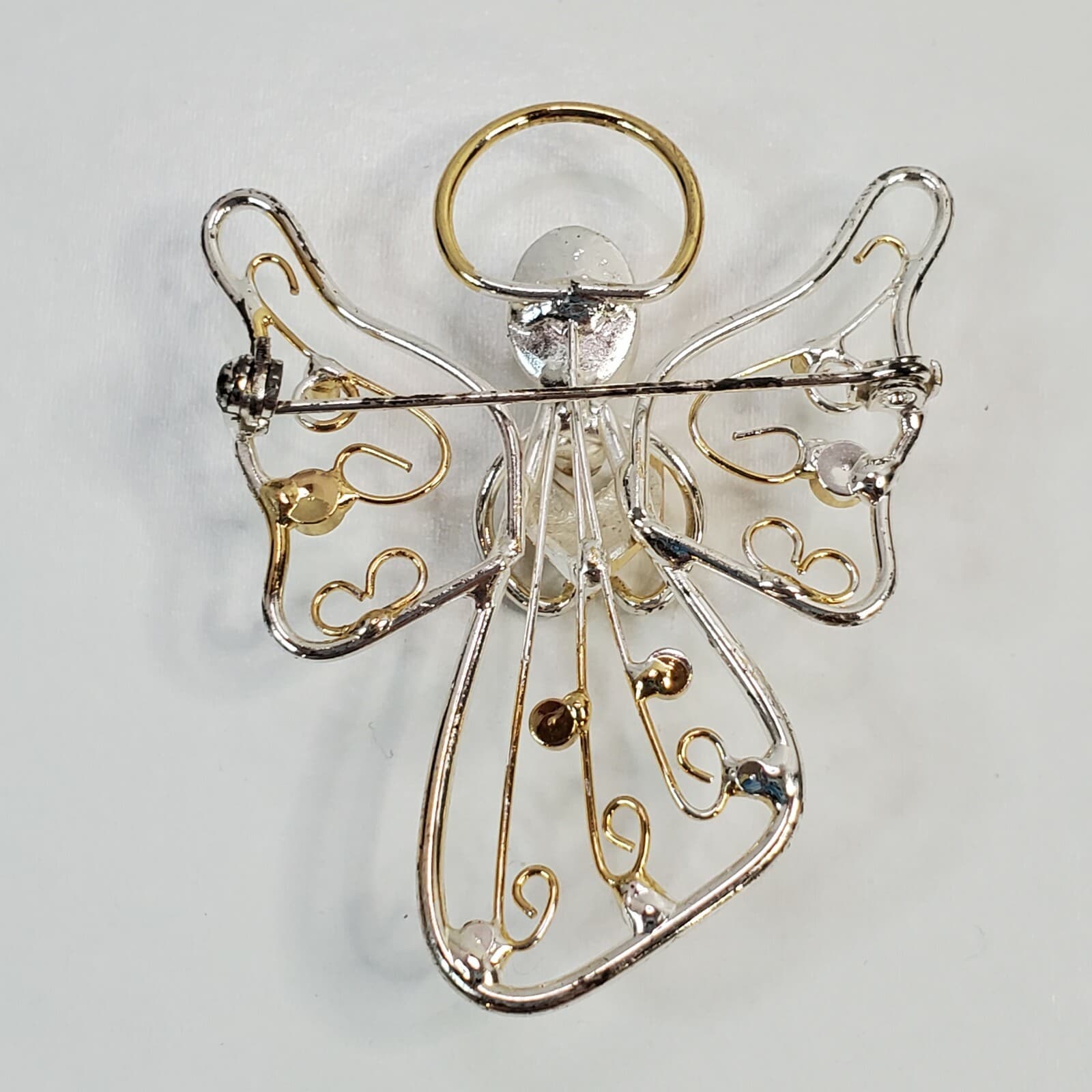 Gold & Silver-tone Rhinestone Filigree Open Work Wire Angel Choir Brooch Pin - Thumbnail 2