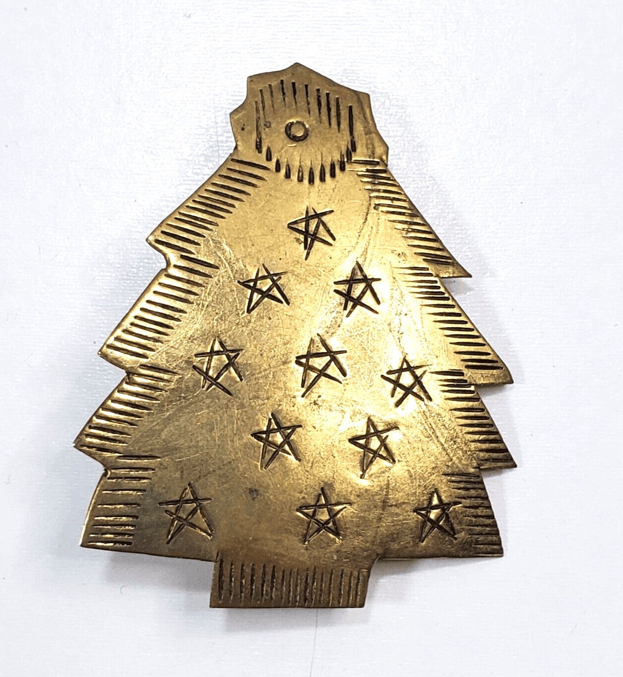 Vintage Brass Tone Thin Metal Black Etched Christmas Tree Brooch Pin Thailand