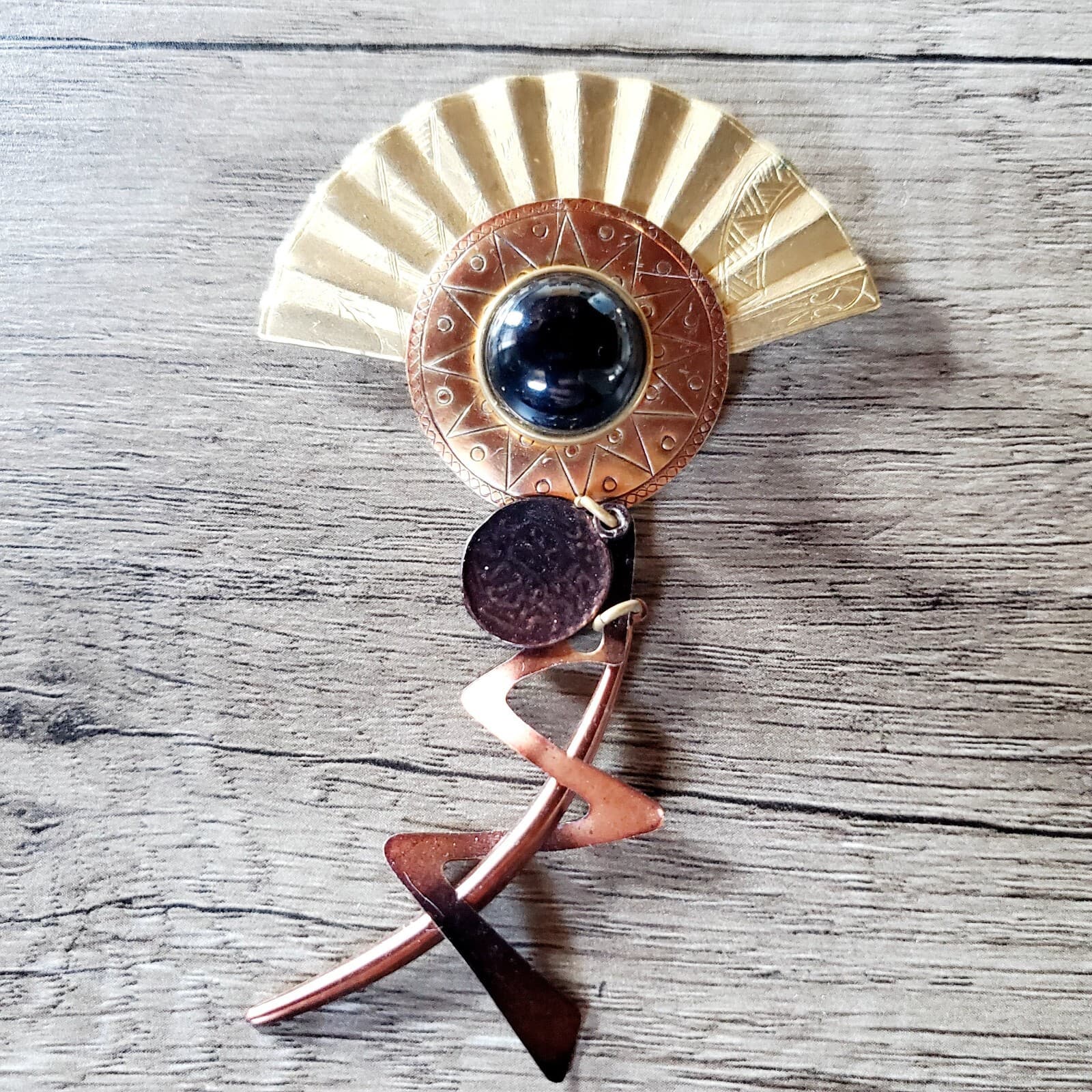 Vintage Modernist Mixed Metals Sunburst Fan Dangle Geometric Brooch Pin