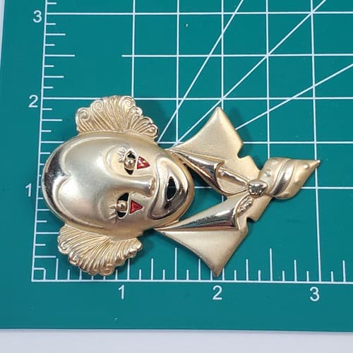 Gold Tone Brushed and Polished Metal Figural Clown Jester Mime Large Brooch Pin - Thumbnail 3