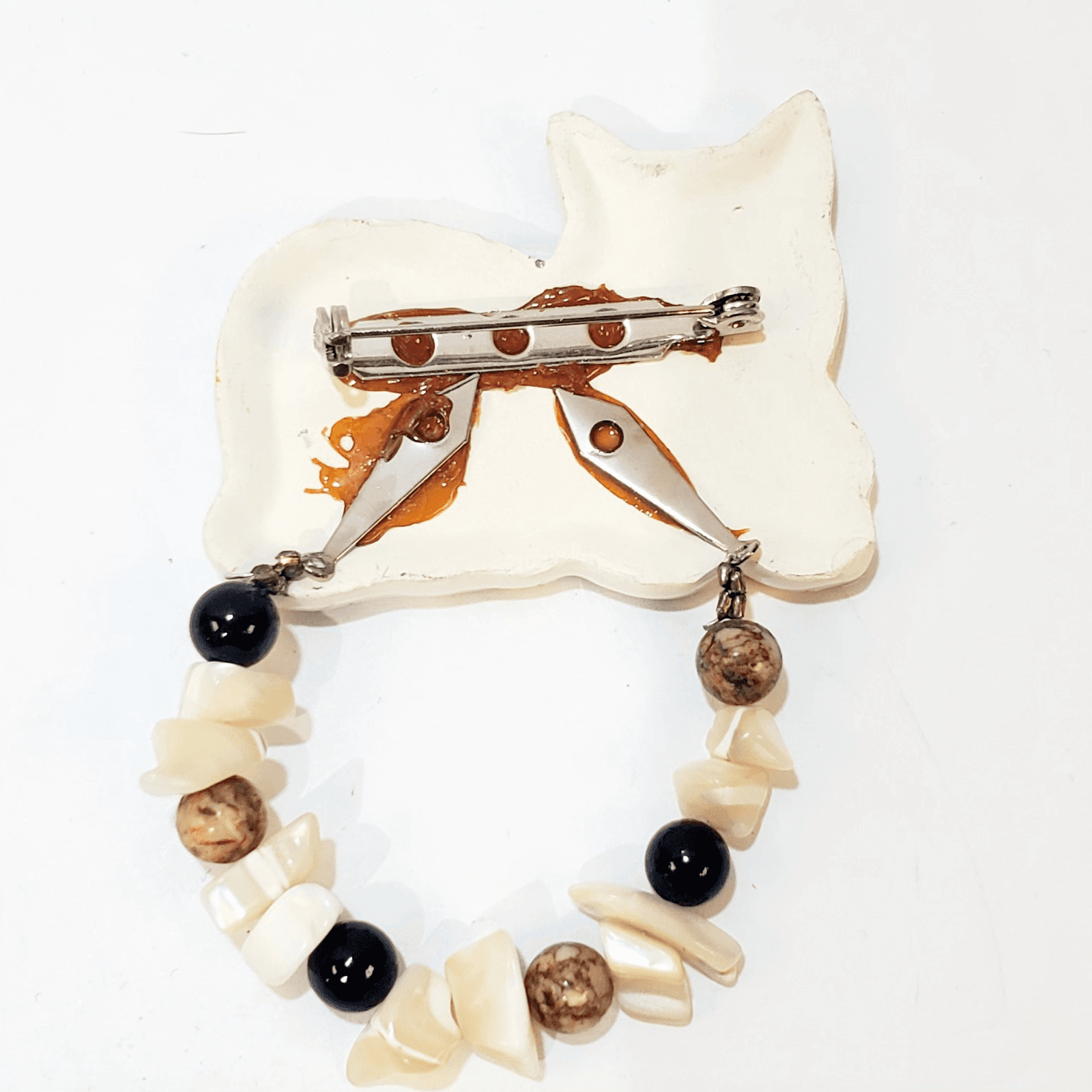 Vintage Ceramic Stone Splatter Paint Spotted Calico Cat Brooch Pin - Thumbnail 2