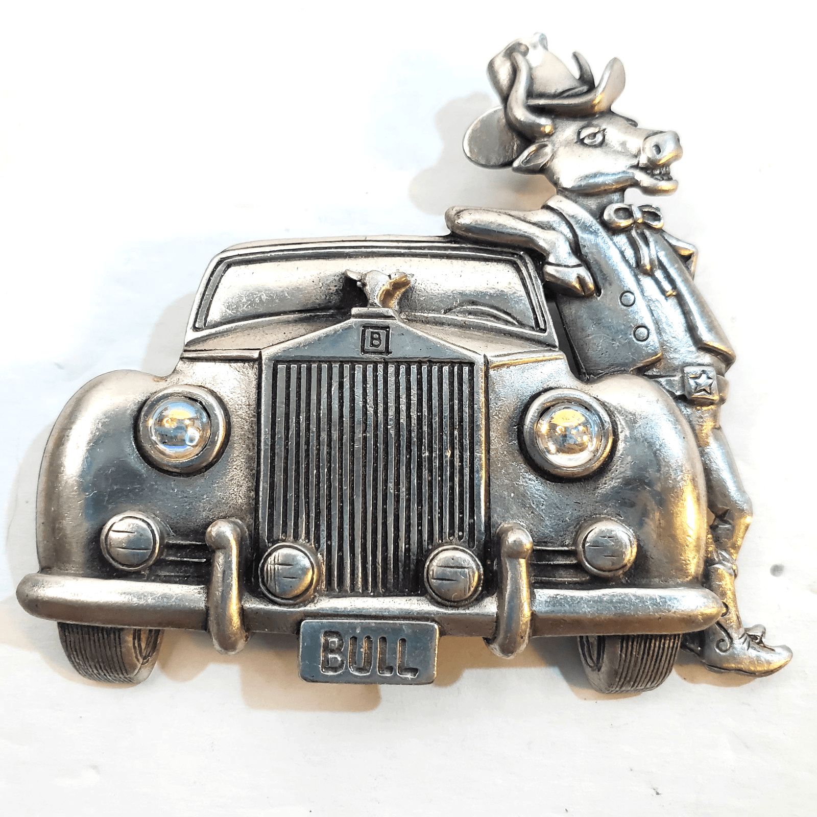 Vtg JJ Jonette Pewter Brooch Bull Cowboy Leaning on Car Whimsical Western Pin