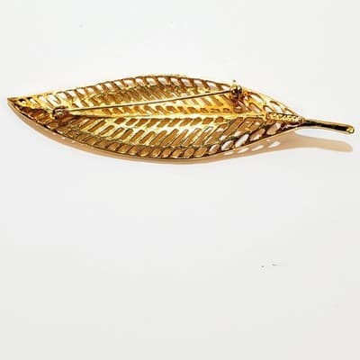Vintage Signed Capri Gold Tone Metal Open Work Large Leaf Brooch Pin - Thumbnail 2